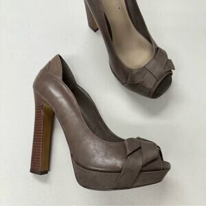 MRKT Brown Leather Peep Toe Classic Pumps Heels Womens 9.5 Chunky Stacked Wood
